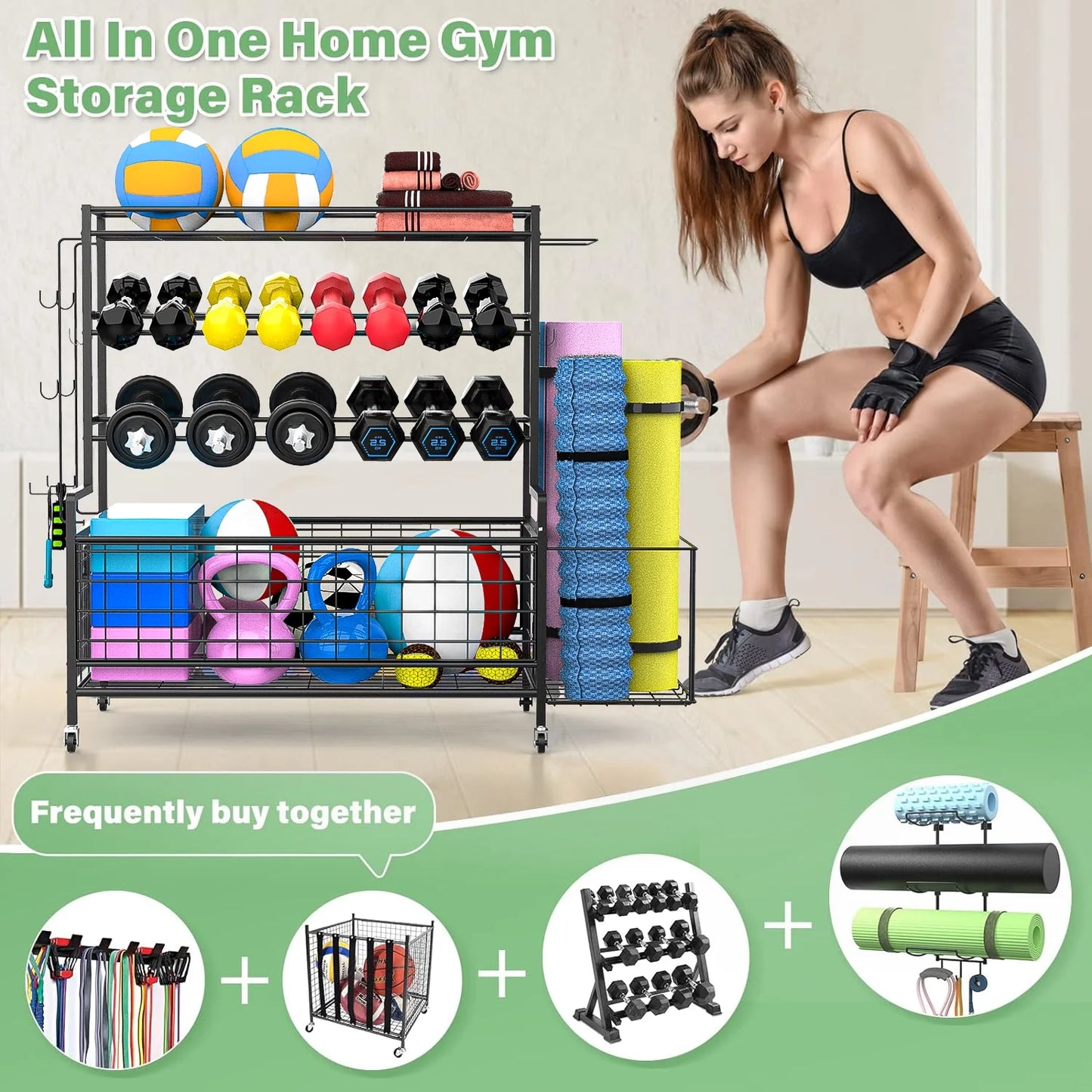 Dumbbell Rack, Balls Workout Equipment Storage Organizer Yoga Mat with Hooks and Wheels